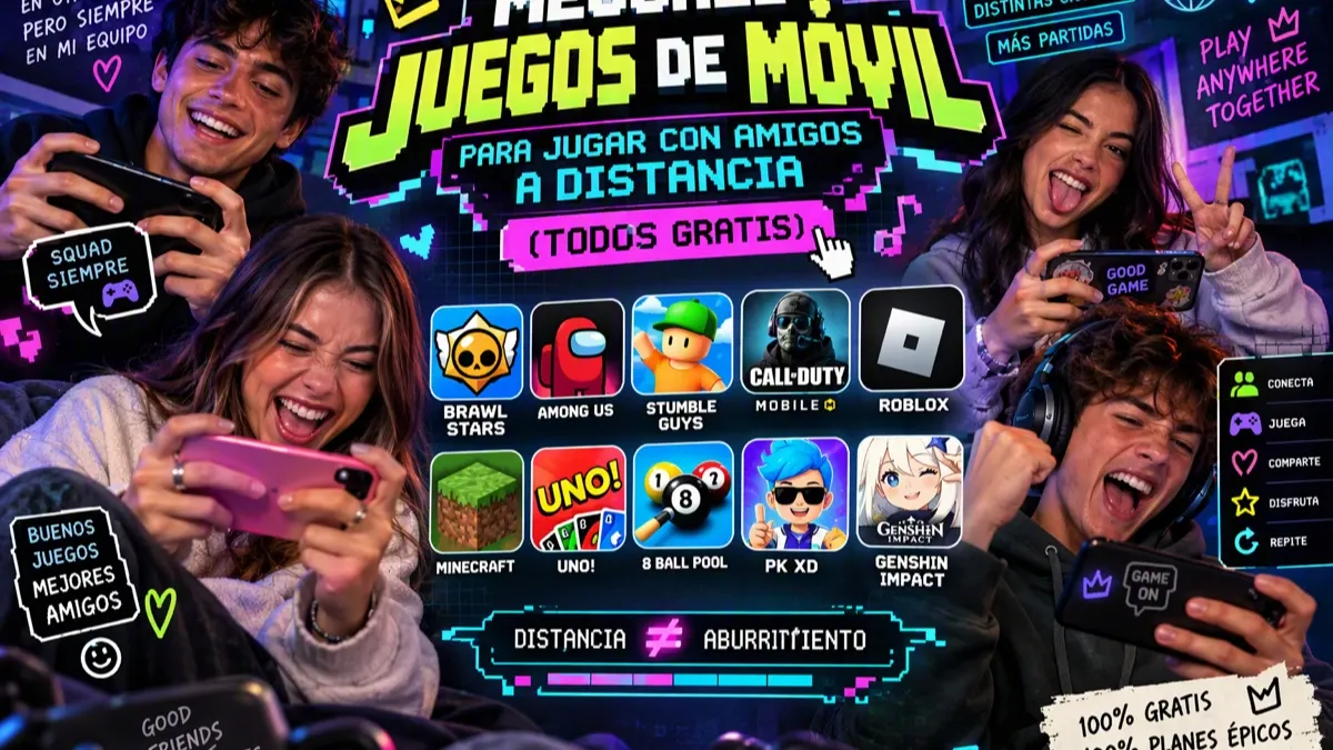 Portada del artículo sobre juegos de móvil para jugar con amigos a distancia: fondo azul con detalles rojos