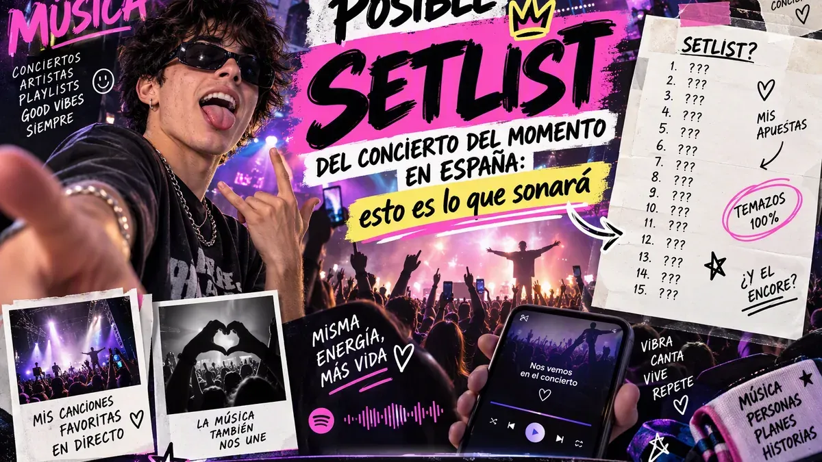Portada sobre el posible setlist del concierto del momento: fondo crema con detalles magenta y violeta