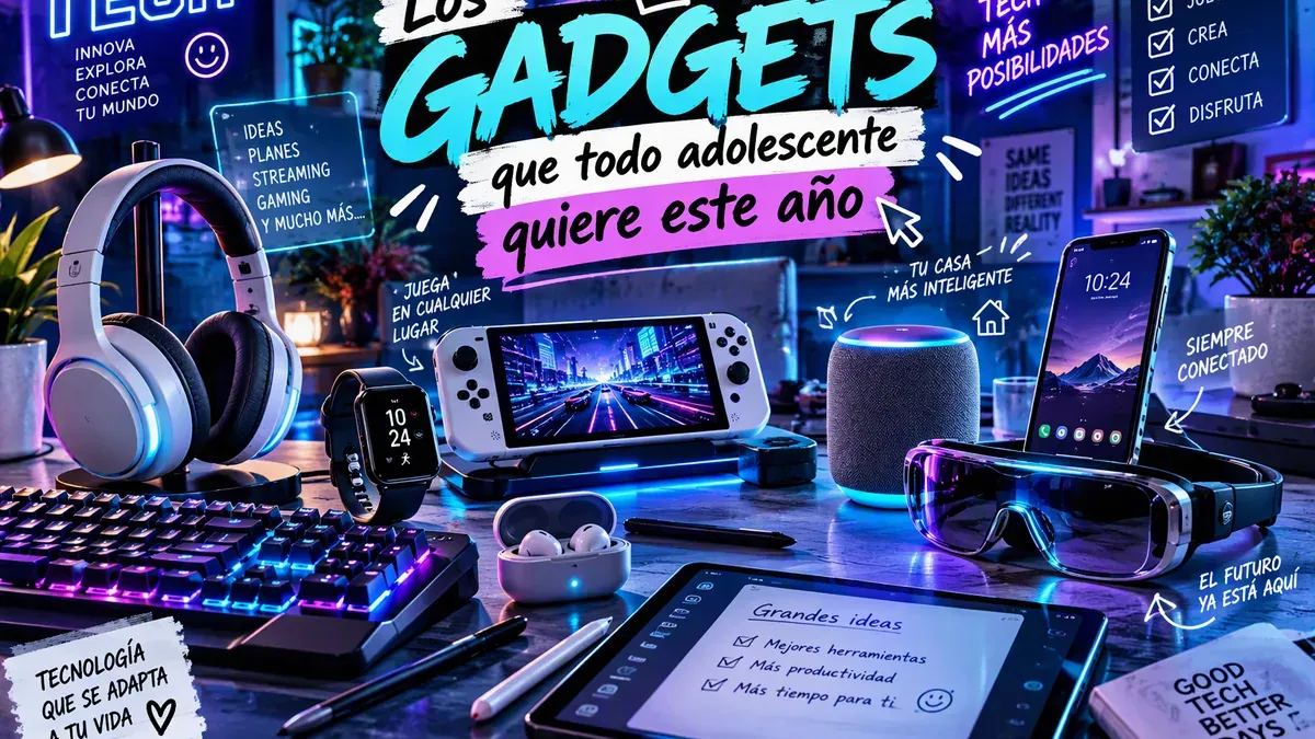 Portada del artículo sobre gadgets: fondo azul con detalles violeta y cian